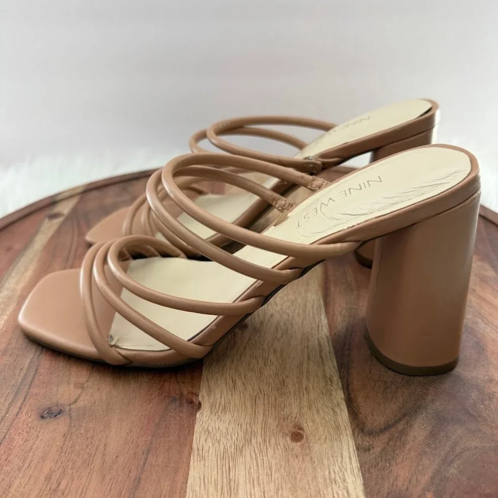 Nine West Tan Strappy Block Heel Square Toe Sandals Mules Womens 7.5M